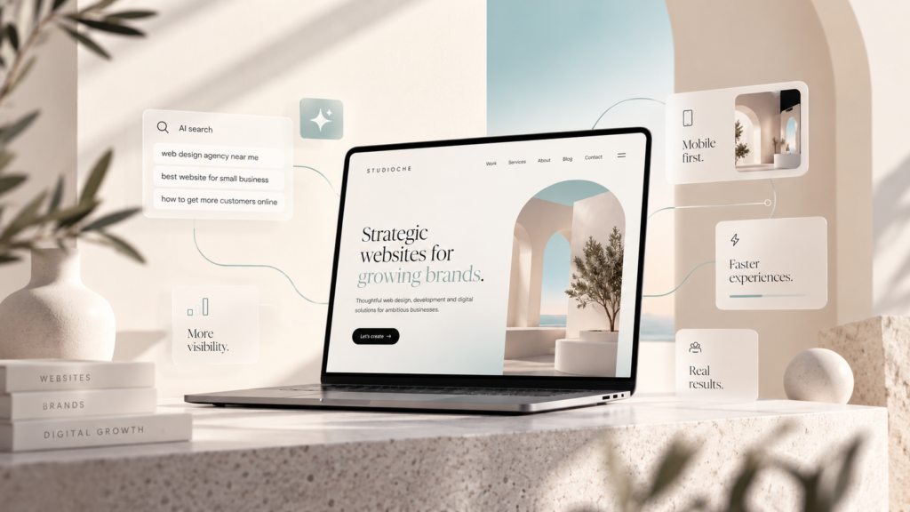Website Trends 2026: What Businesses Need to Know Modern website design showcasing AI search, mobile-first development and digital trends for businesses in 2026, featuring StudioChe's contemporary web design aesthetic.