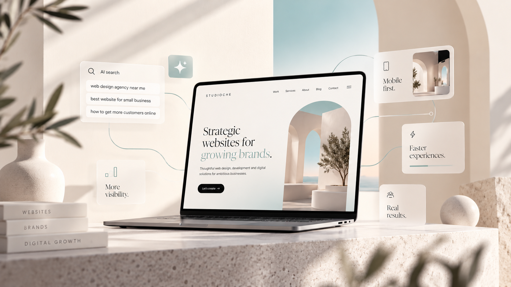 Modern website design showcasing AI search, mobile-first development and digital trends for businesses in 2026, featuring StudioChe's contemporary web design aesthetic.
